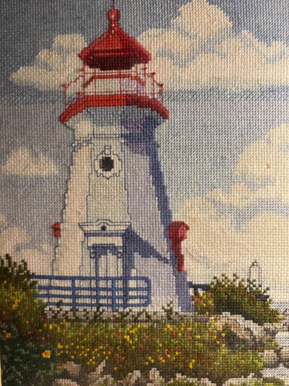 Framed Cross-Stitch Cheboygan Crib Lighthouse Artwork - Nautical Wall Decor - Picture 5 of 6